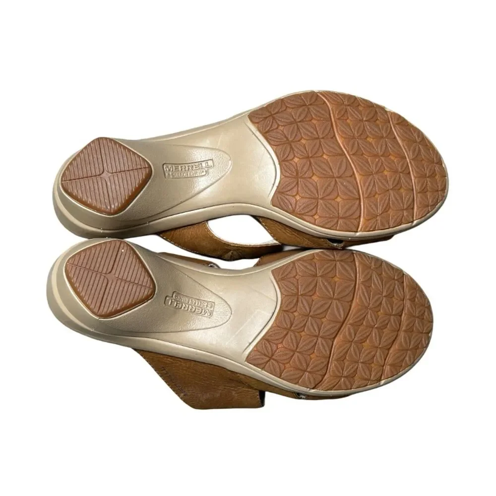Merrell Veranda Eve Slide Sandals Womens 9 Brown Leather Laser Cut Comfort heel